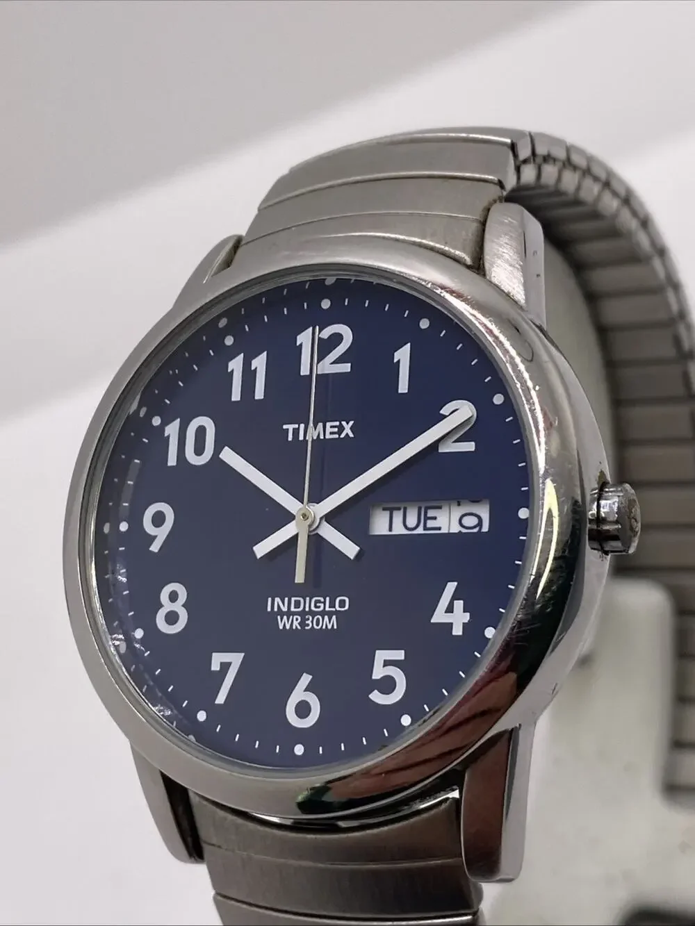 Timex Indiglo Mens Silver Stretch Watch Works New Battery